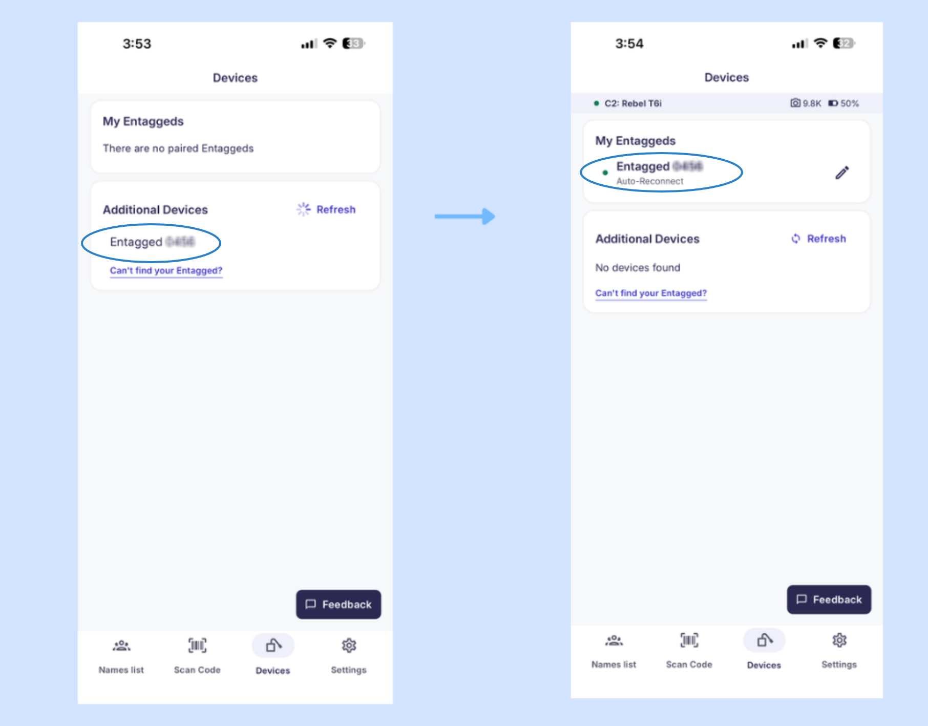 Device successfully paired and moved to My Entaggeds section