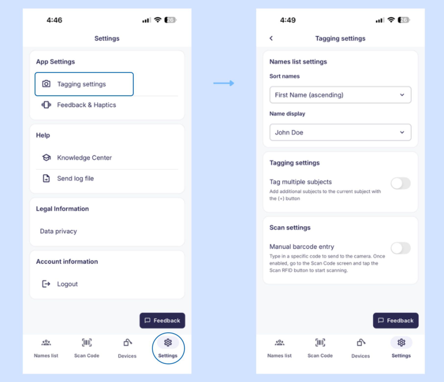Tagging settings options including sorting and multiple subject tagging