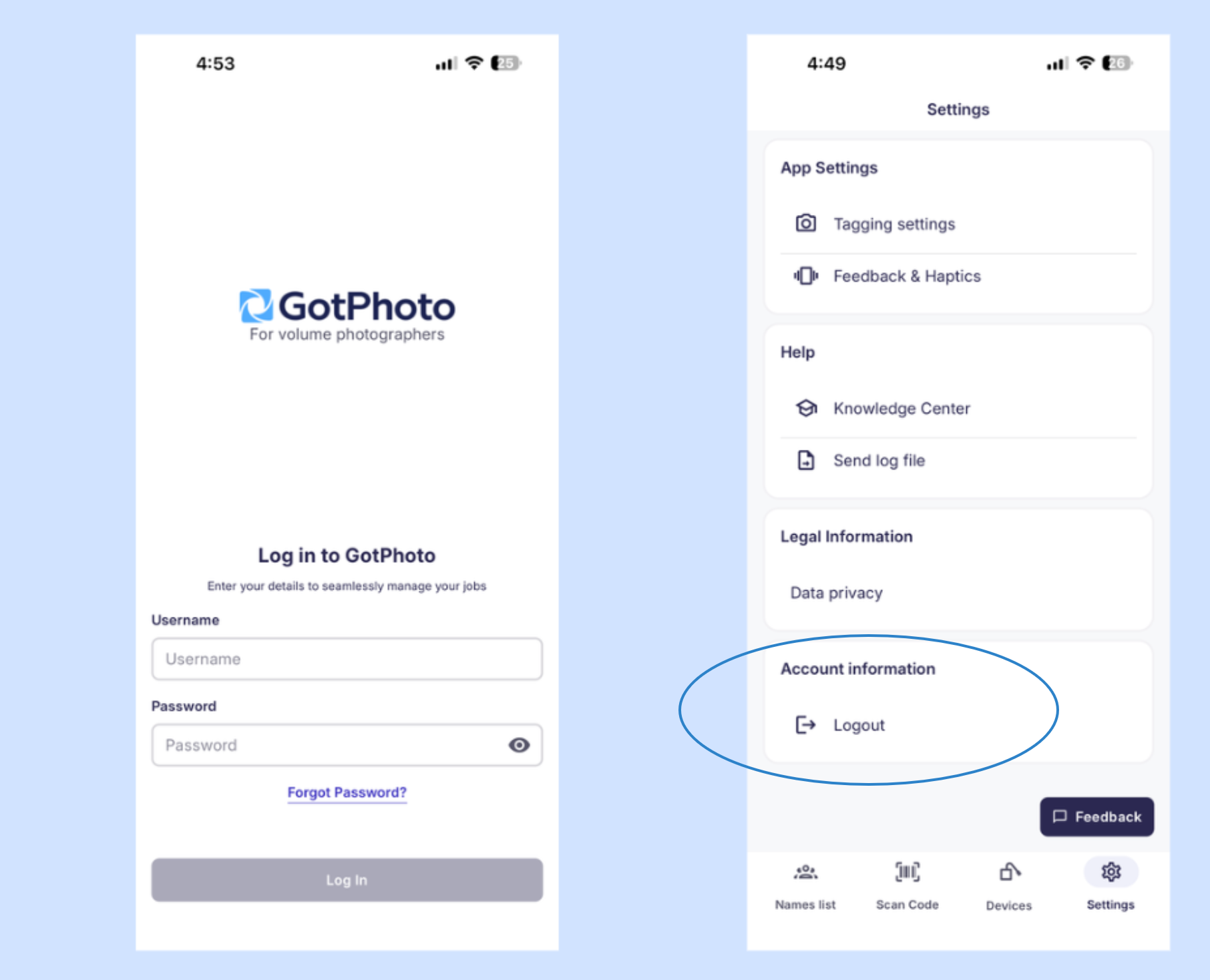 Settings tab showing account information and legal links