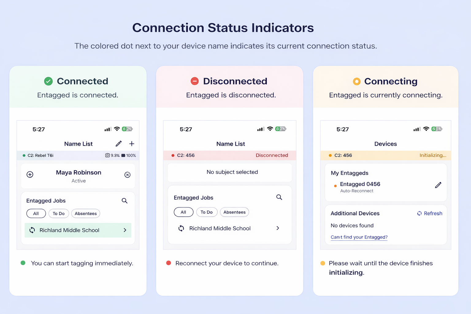 Status bar with colored connection indicator, device model, storage and battery level