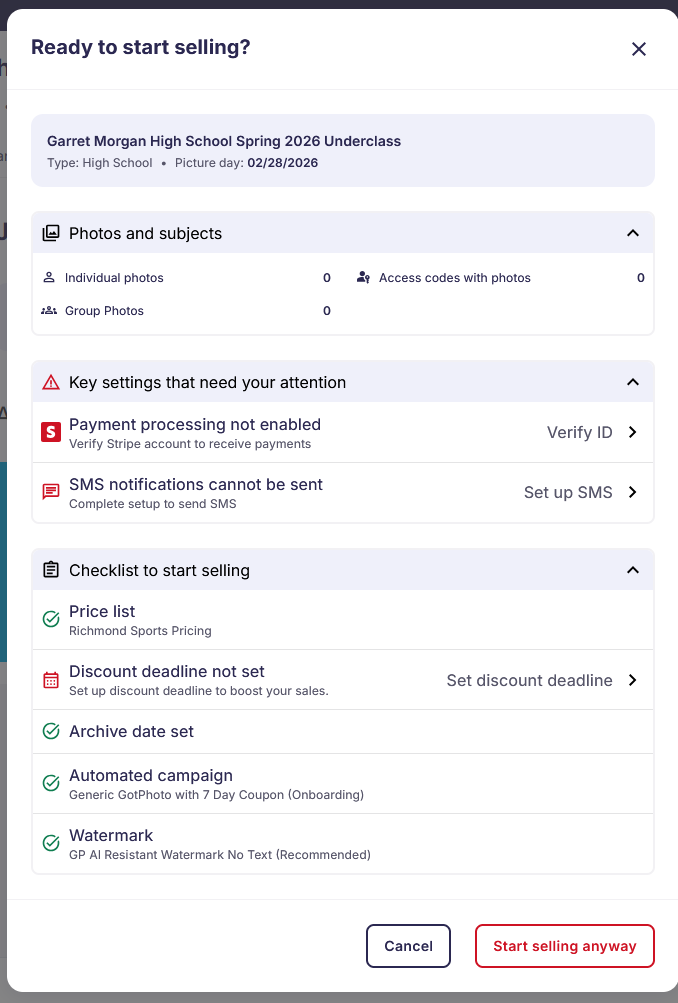 Go-Live Checklist panel highlighting incomplete settings before switching a job to Selling.