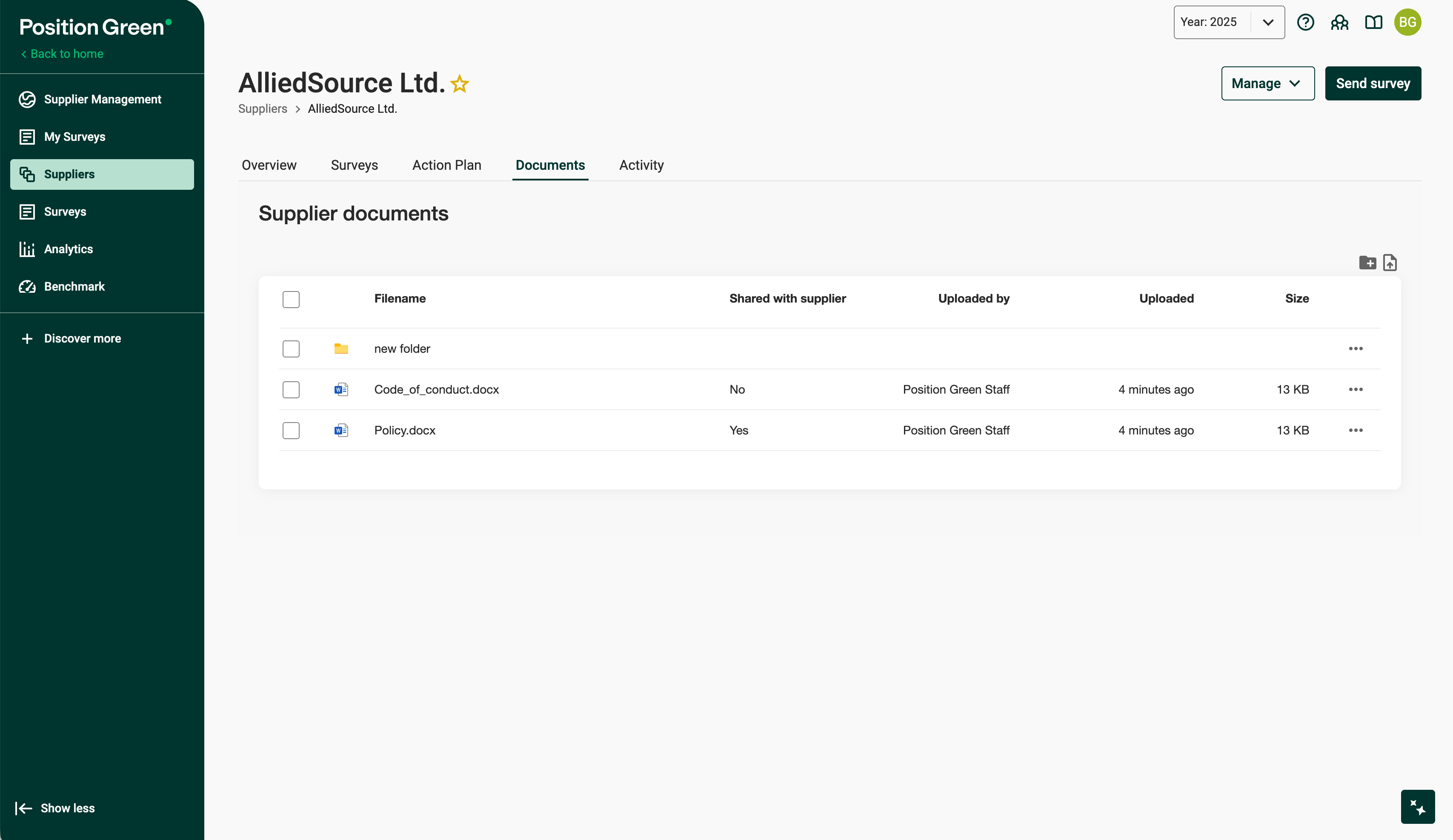 Menu options under supplier AlliedSource Ltd. Documents view selected.