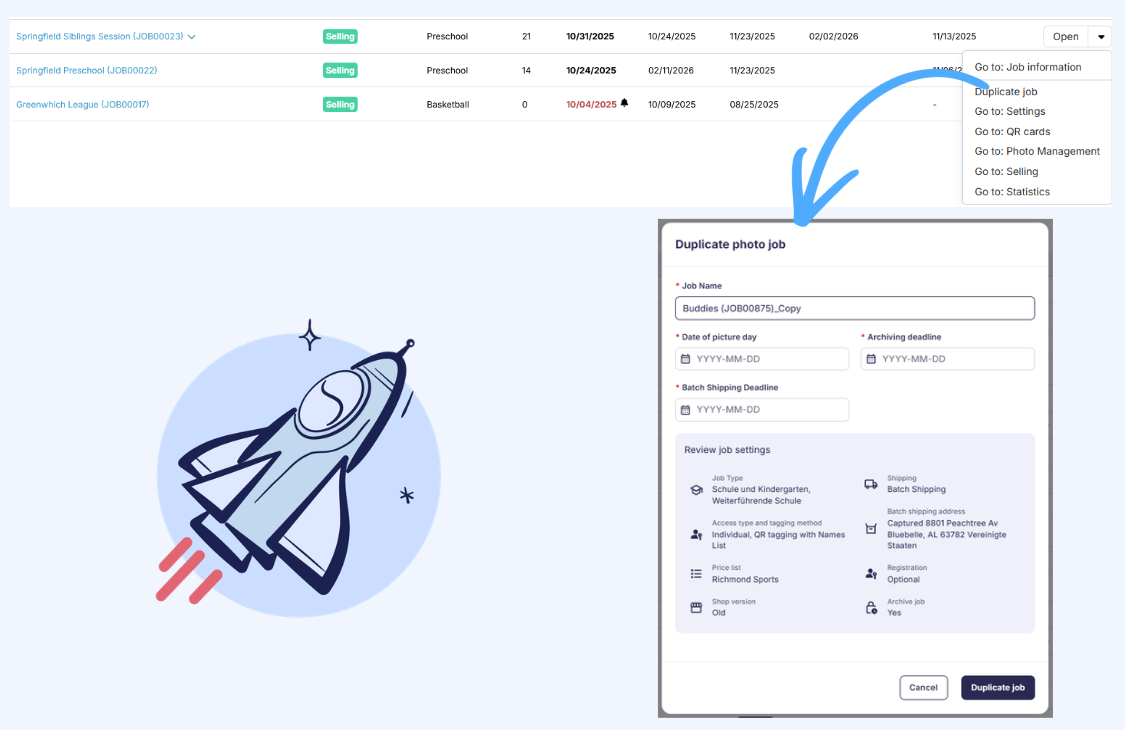 Screenshot of the Job Duplication feature in GotPhoto used to copy job settings.