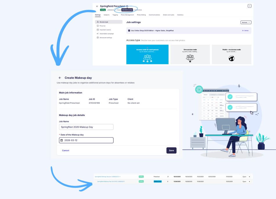 Screenshot showing the Makeup Day feature for managing additional photo days within the same job.