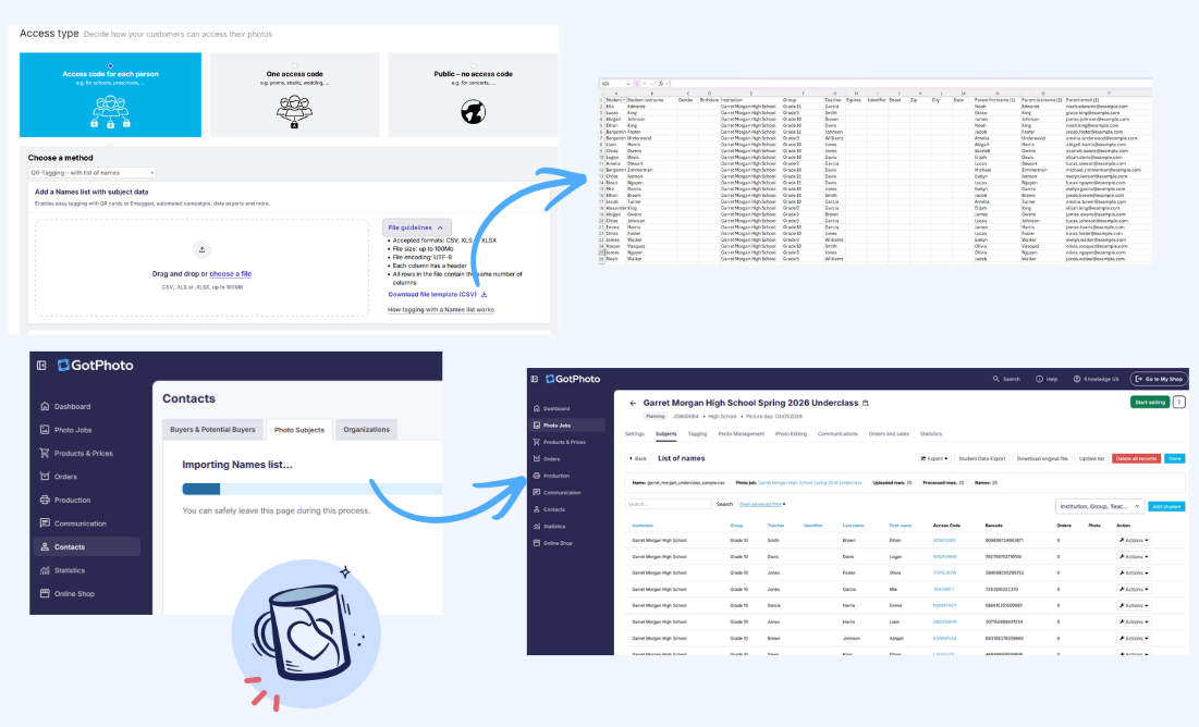 Screenshot showing an example names list template for uploading participant data into a GotPhoto job.
