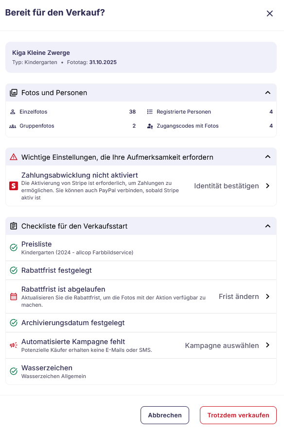 Screenshot der Checkliste für den Verkaufsstart beim Statuswechsel auf 'Verkaufen'
