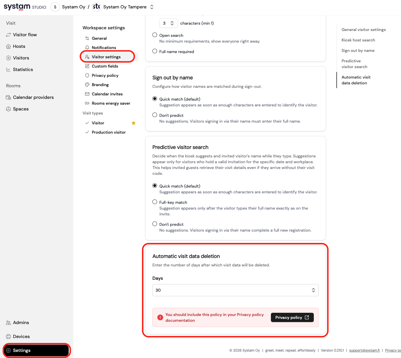Automatic visit data deletion