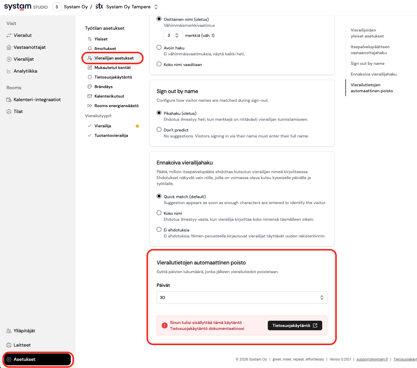 Vierailutietojen automaattinen poisto