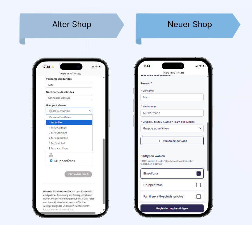 Vergleich der Registrierungsform im alten und neuen Shop