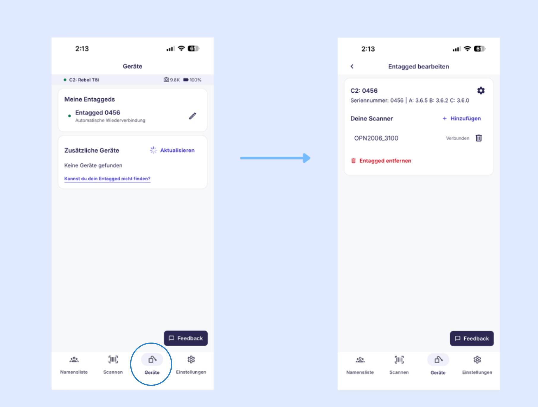 Geräteübersicht mit Entagged und Bluetooth-Scanner