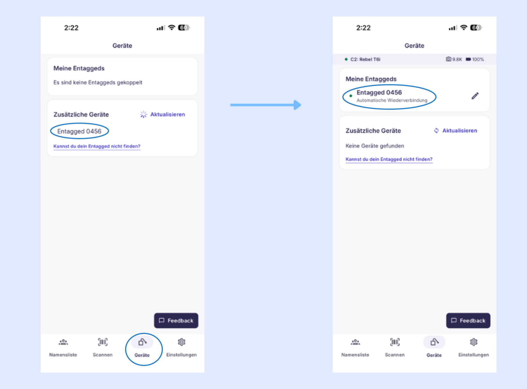 Erfolgreich verbundenes Entagged-Gerät in der Geräteübersicht