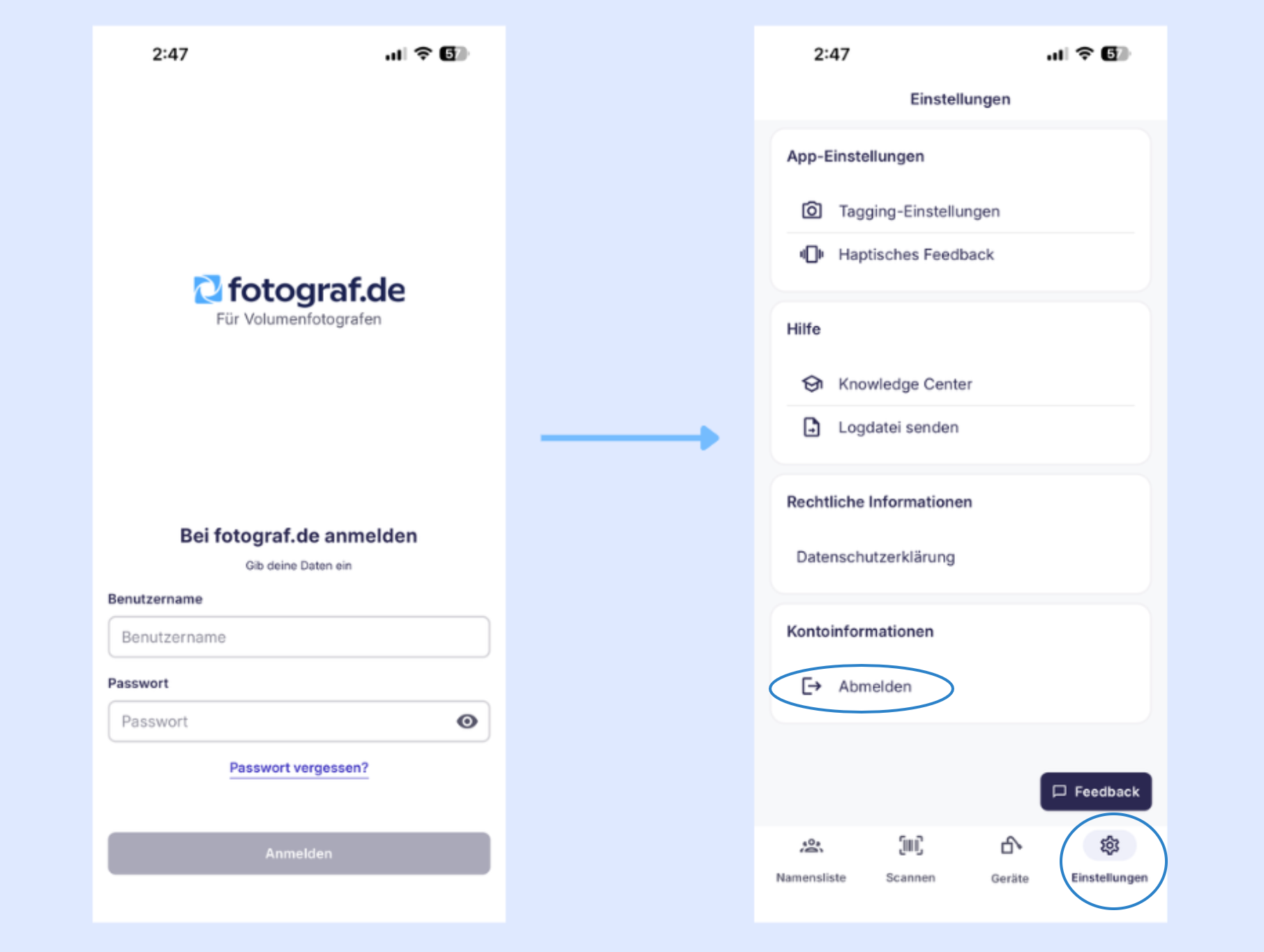 Einstellungsbereich mit Konto- und Rechtseinstellungen