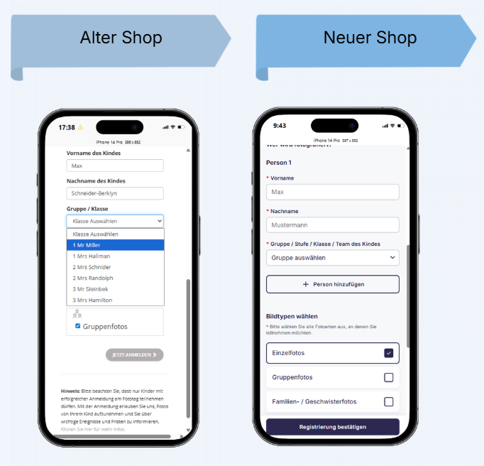 Ansicht Anmeldung zum Fototag im alten und neuen Shop