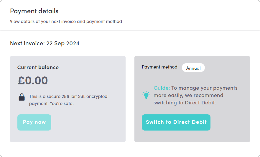The Billing page in MybOnline showing the Payment details section with the Switch to Direct Debit button