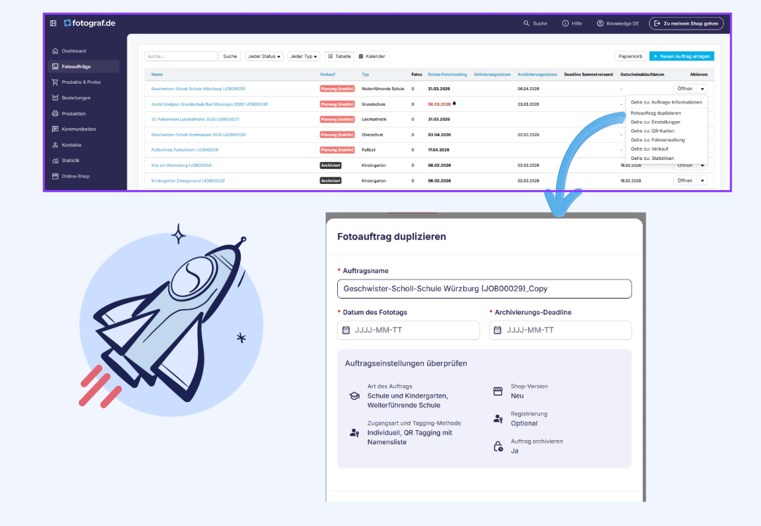 Ansicht der Fotoauftrag-Duplizierung zum Kopieren bestehender Einstellungen.
