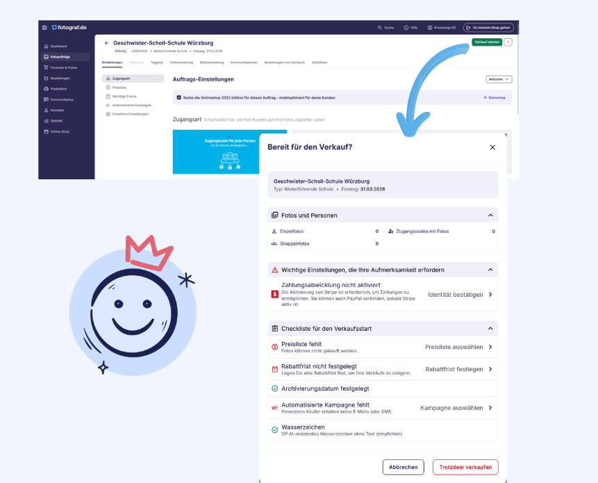 Go-Live-Checkliste zur Überprüfung wichtiger Fotoauftrag-Einstellungen.
