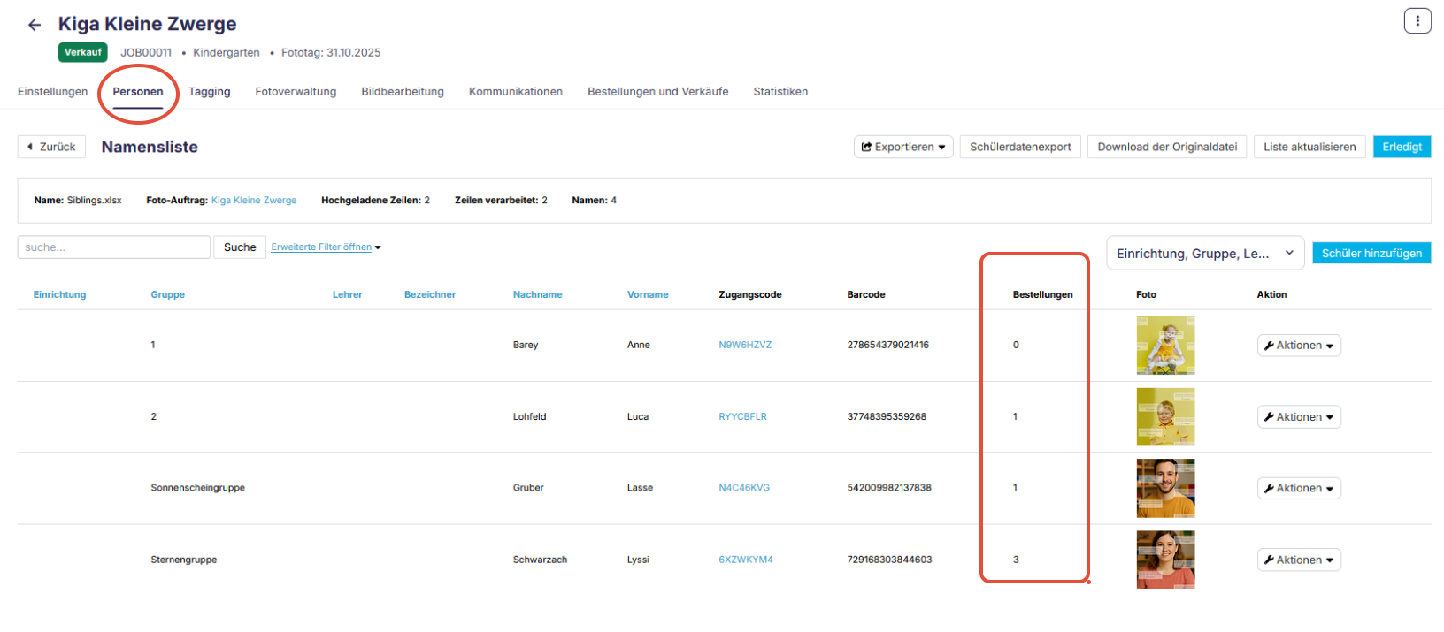 Teilnehmer-Tab mit Bestellspalte zur Identifizierung von Zugangscodes ohne Bestellungen.