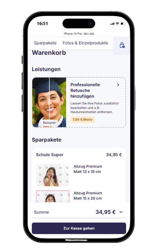 Retusche-Add-on als Zusatzprodukt im Warenkorb.