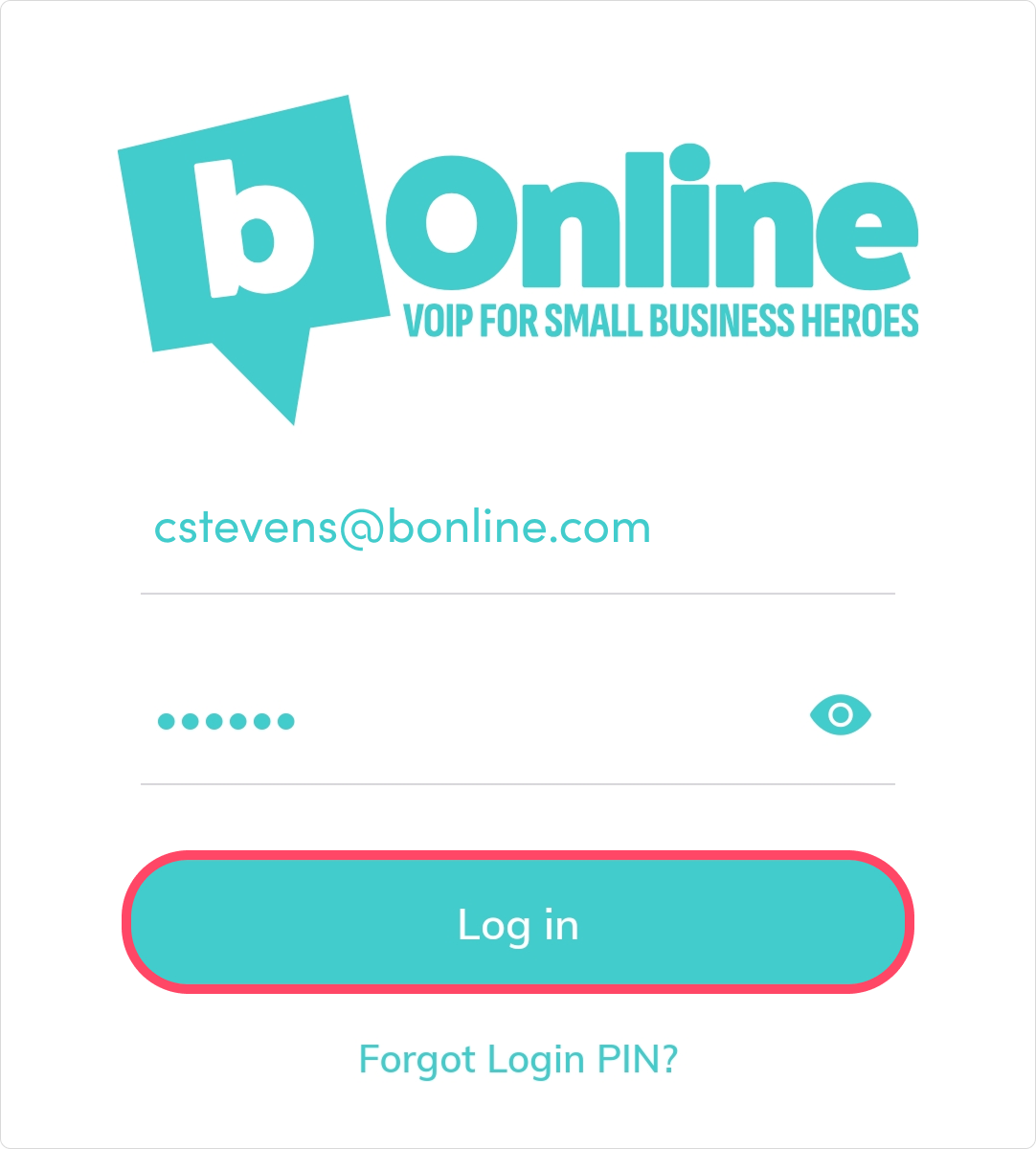 The bOnline mobile app login screen showing the email address field and 6-digit PIN entry field with the Log In button.