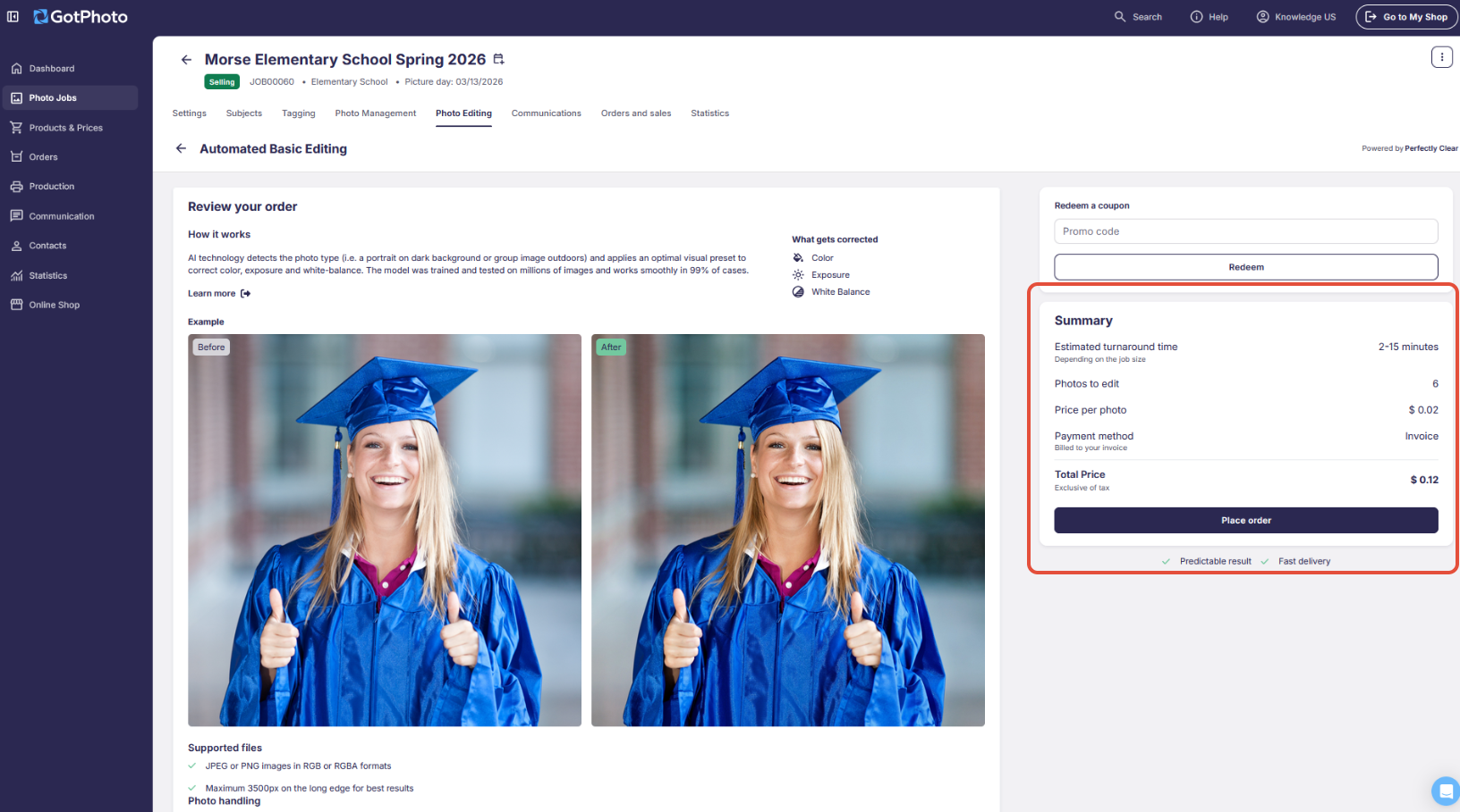 Place order button in the editing summary screen