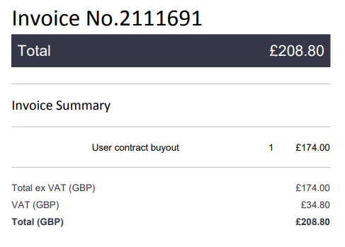 Example of a user contract buyout charge on a final bOnline invoice