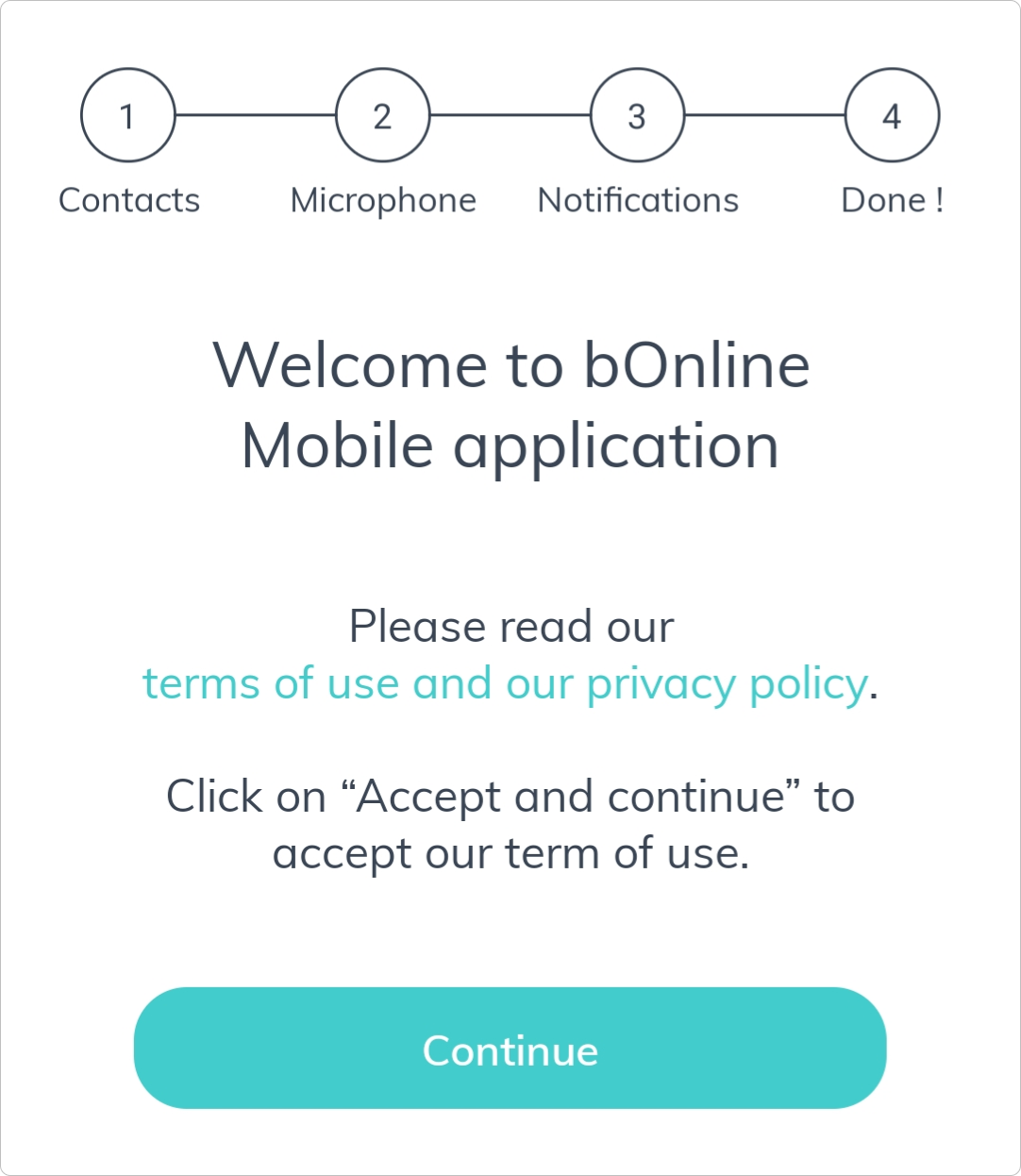 The bOnline mobile app welcome screen showing the Continue button to accept the terms of use.