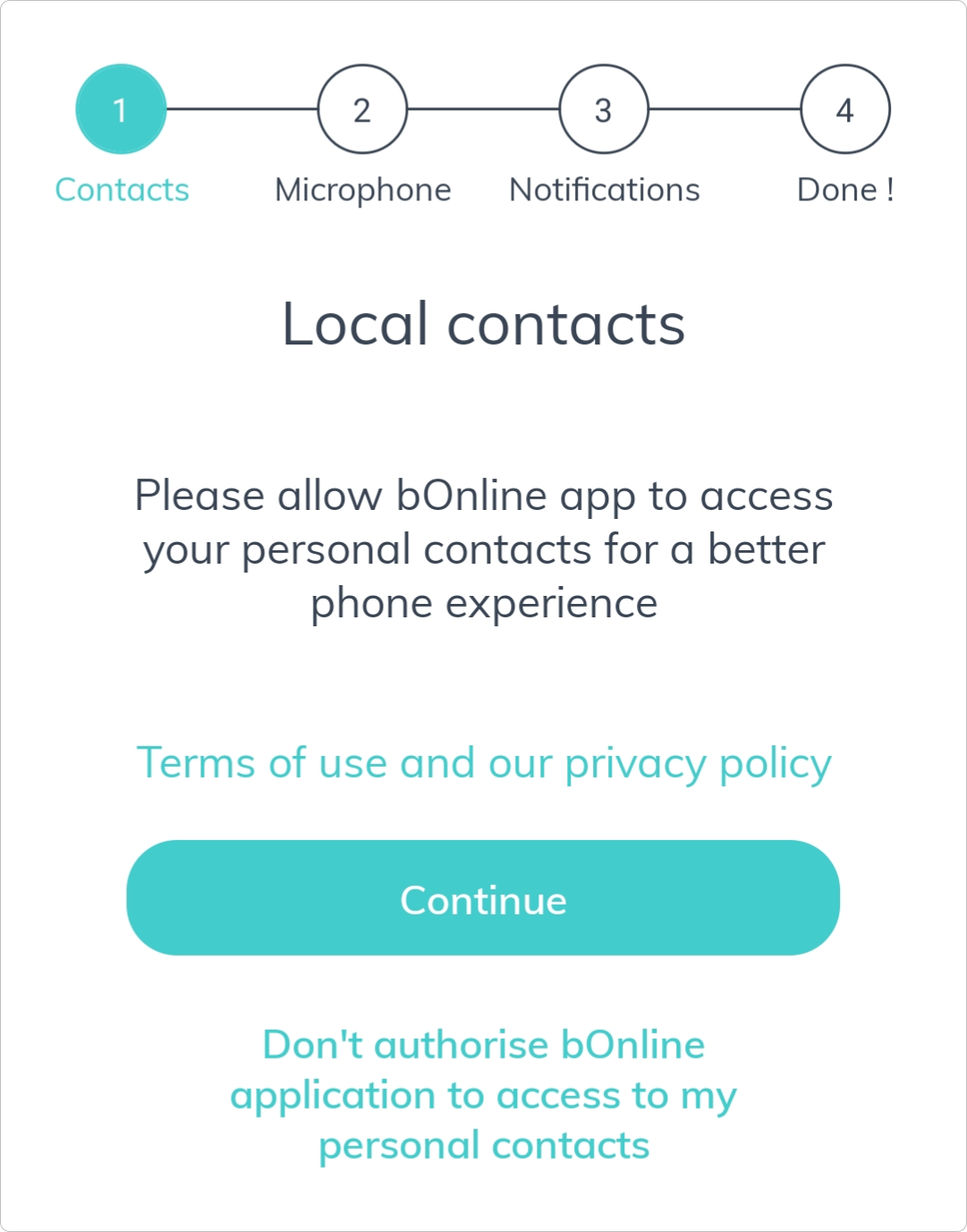 The bOnline mobile app contacts permission screen on Android.