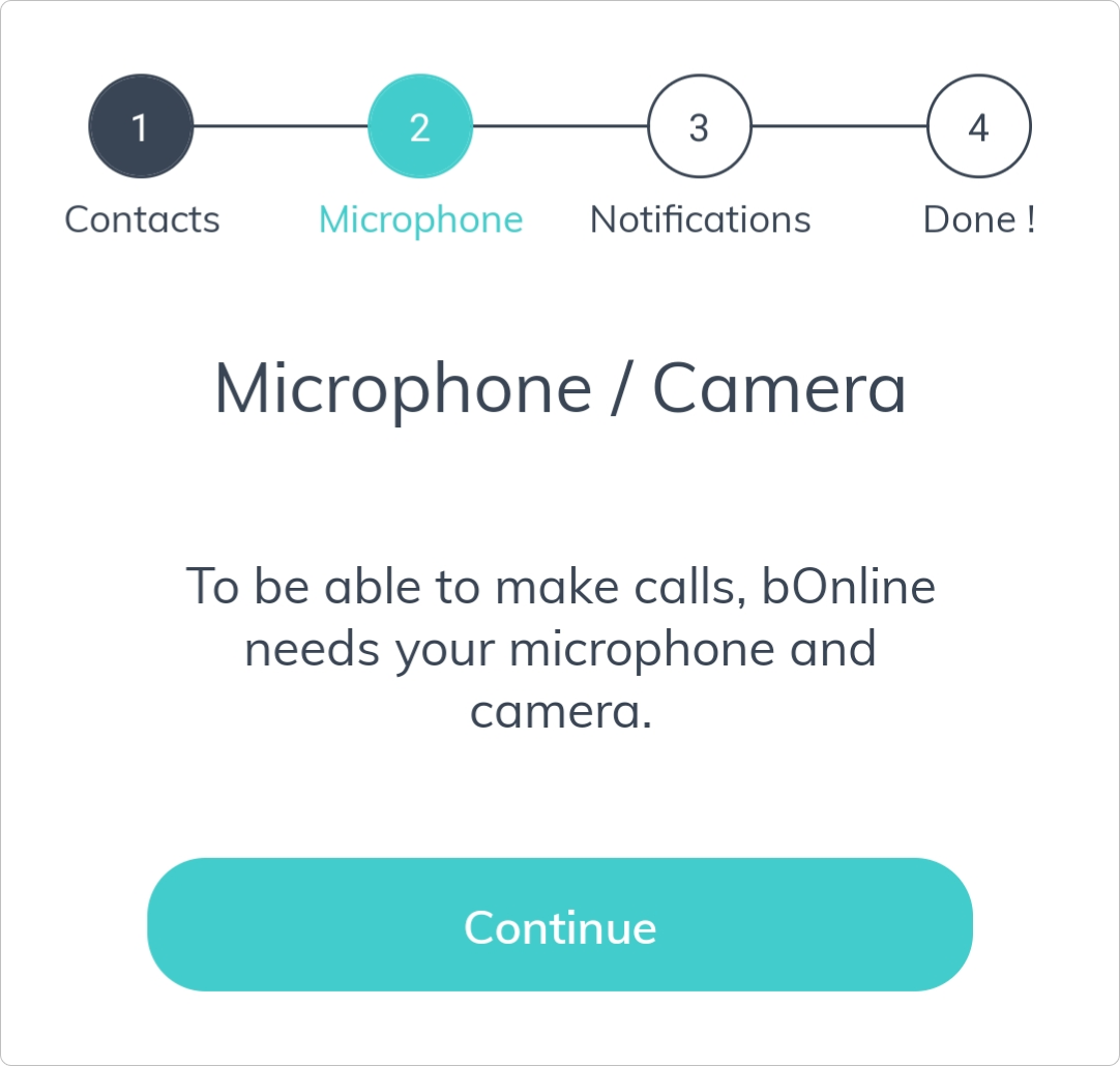 The bOnline mobile app microphone and camera permission screen on Android.