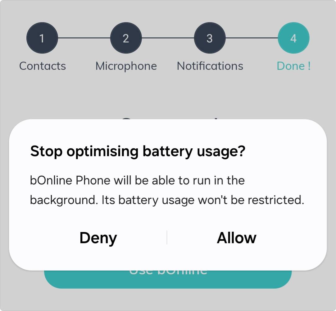 The bOnline mobile app battery optimisation permission screen on Android.