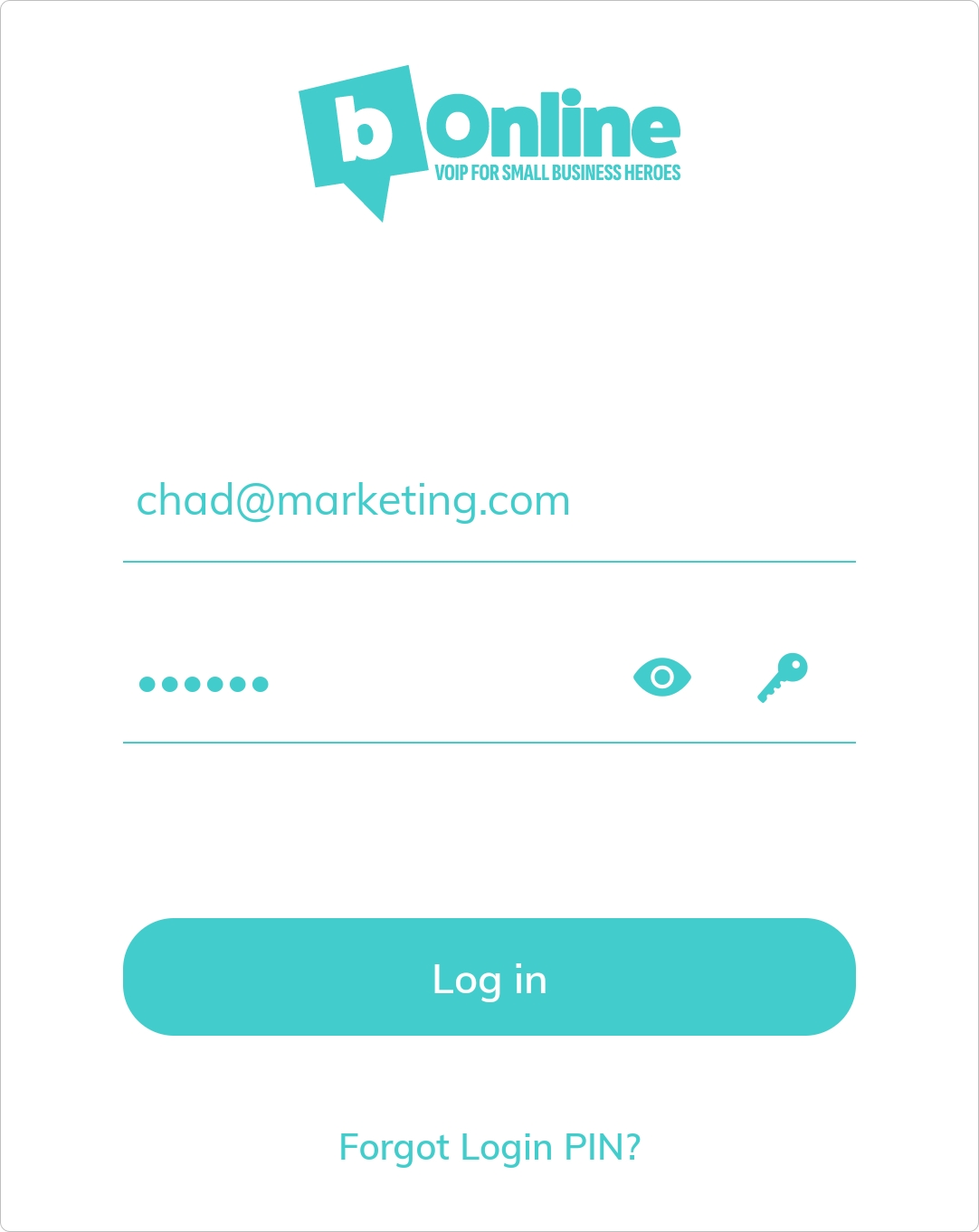 The bOnline mobile app login screen showing the email address field and 6-digit PIN entry field.