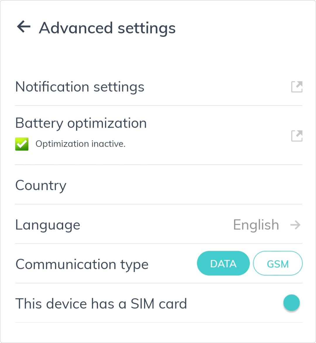 The Advanced Settings screen in the bOnline mobile app showing Battery Optimisation with a green tick confirming it is turned off.