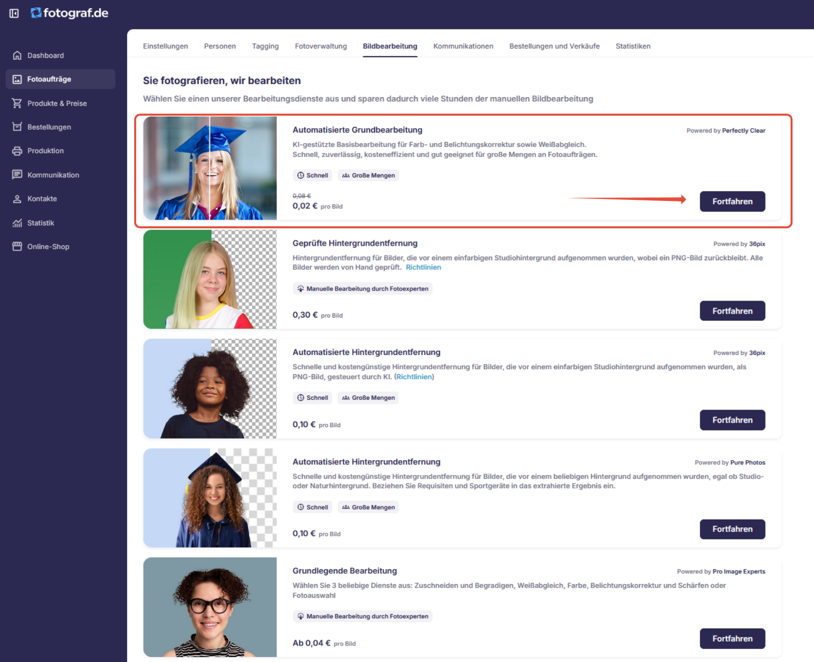 Bildbearbeitungsbereich mit Schaltfläche 'Fortfahren'.