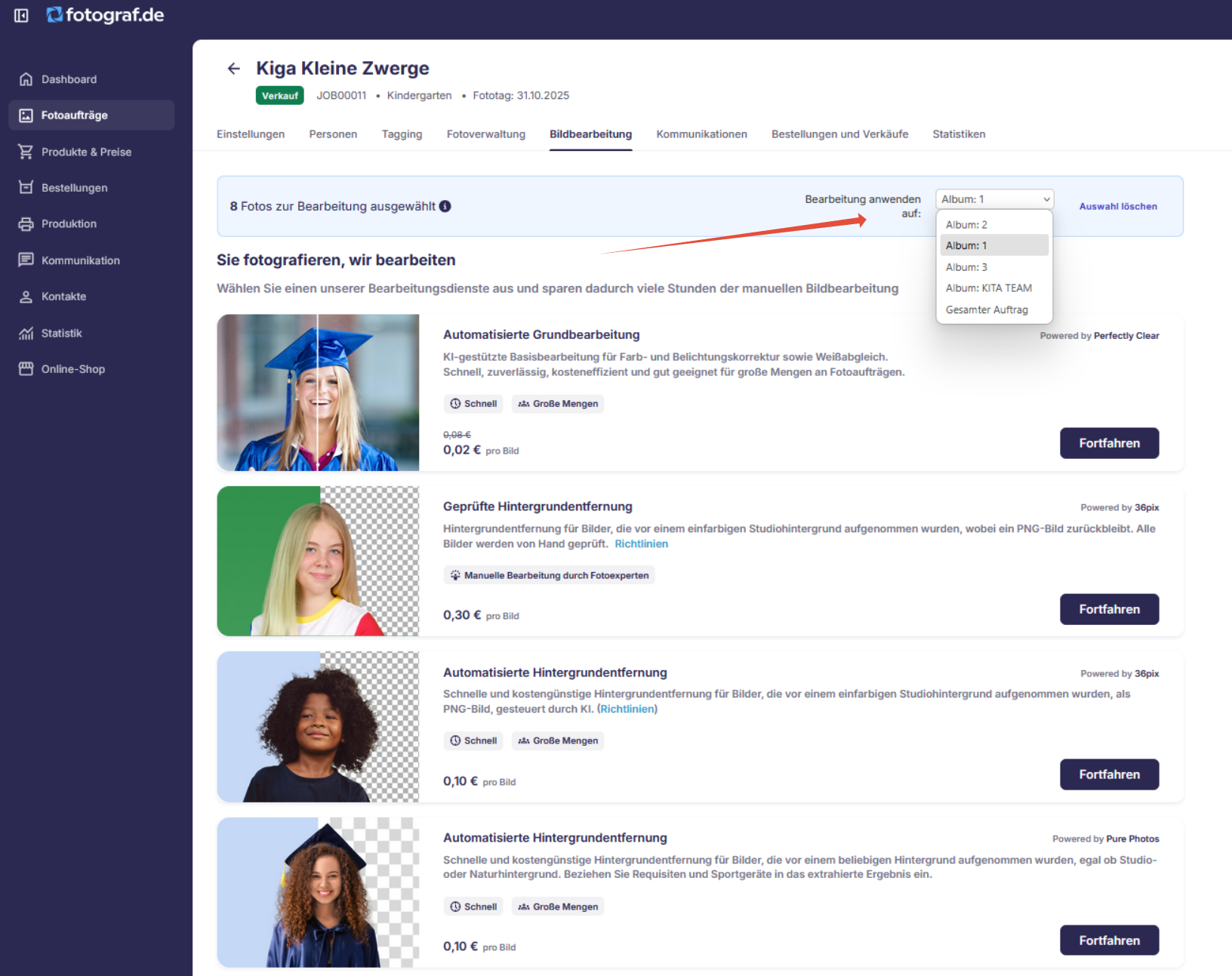 Bearbeitungsservice-Auswahl mit Album/Fotauftrag-Umschalter
