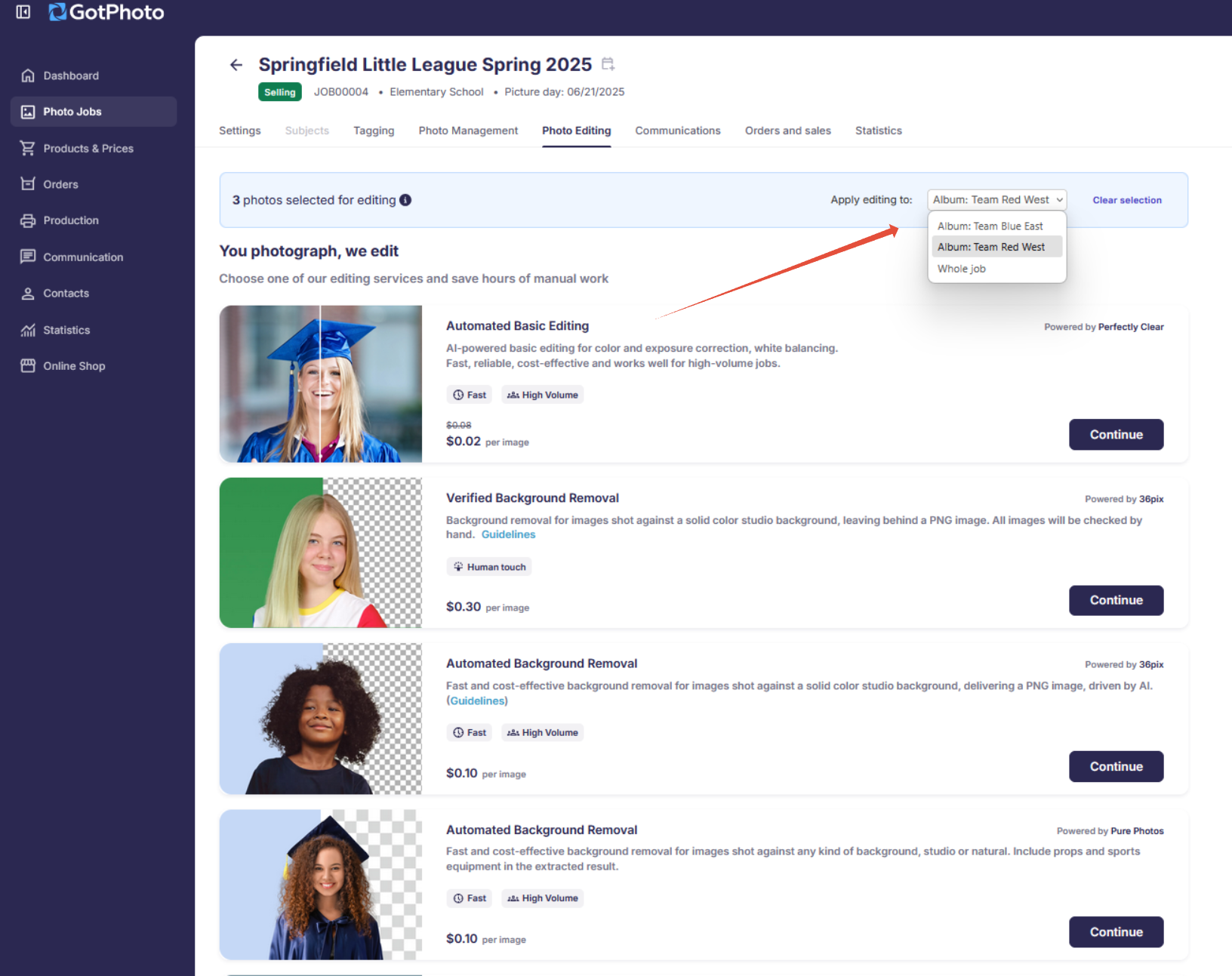 Editing service selection with album/job toggle