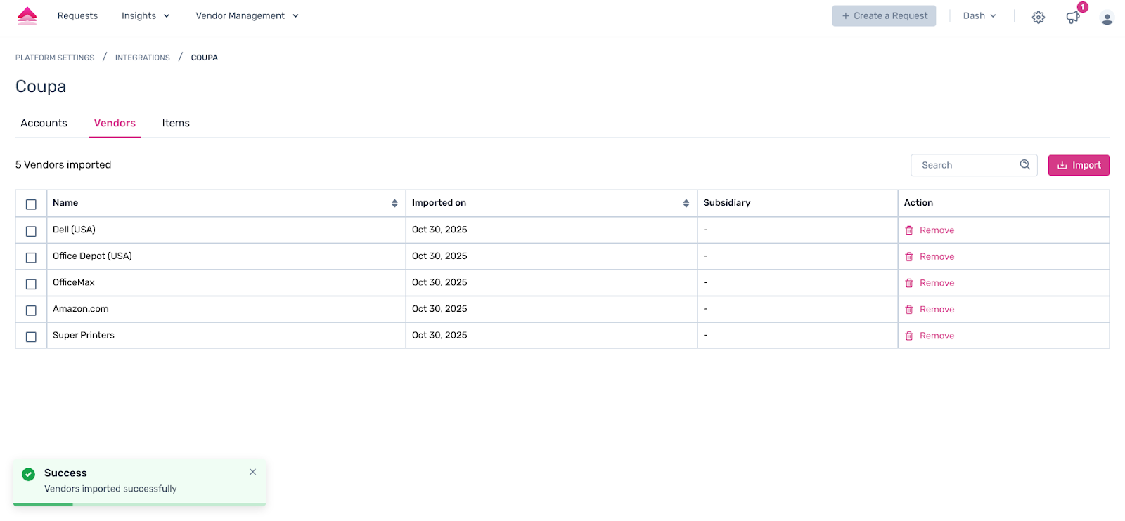 Spendflo – Accounts tab showing imported accounts with Account Code, Account Name, Chart of Accounts, Imported On