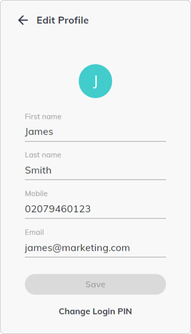 The bOnline desktop app Edit Profile form showing fields for first name, surname, phone number, and email address