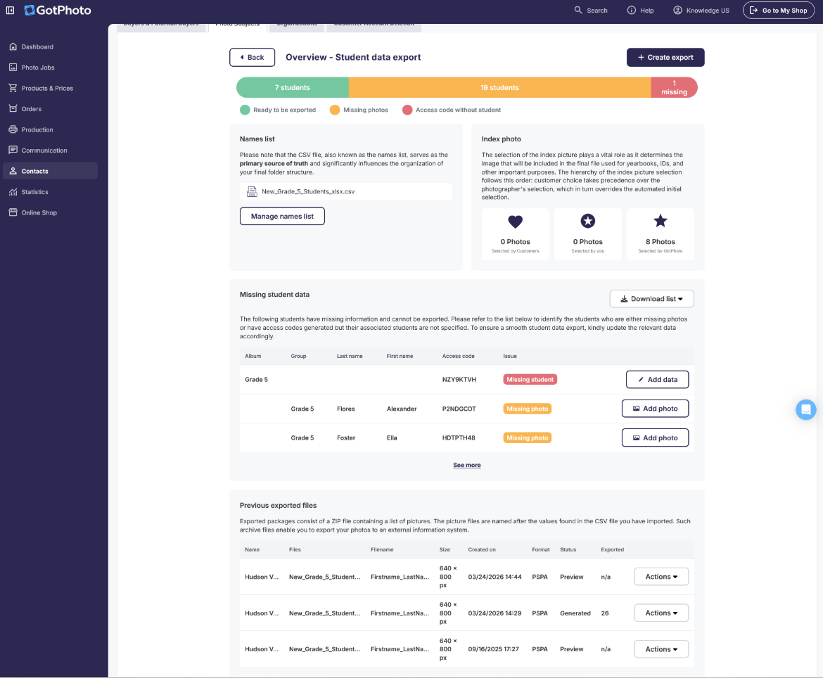 Student Data Export preview showing red and yellow warning indicators for missing student data and missing photos