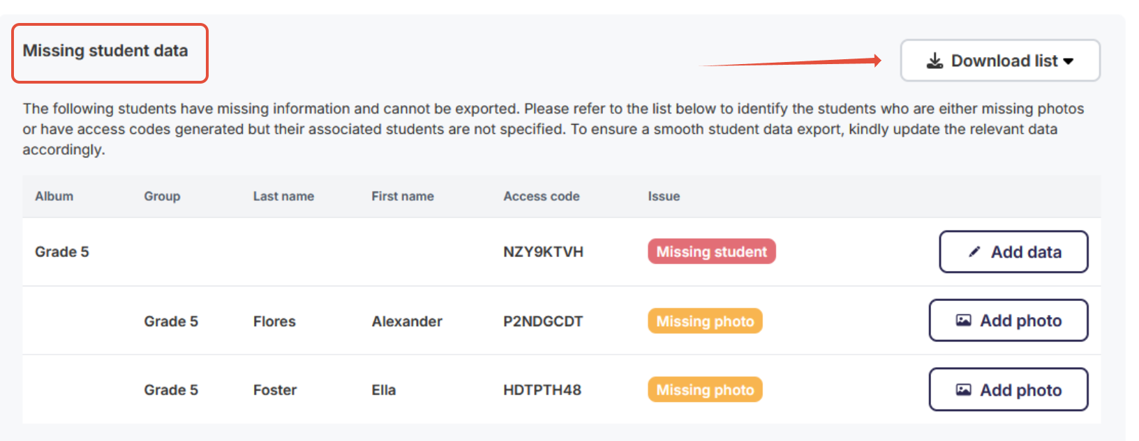 Missing student data section in the Student Data Export overview