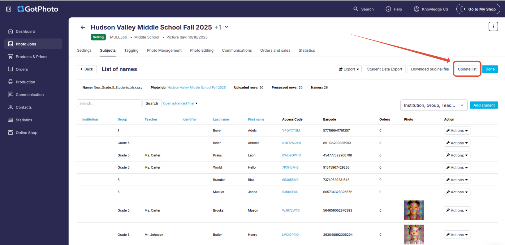 Subjects tab showing the Update list option for uploading corrected student data