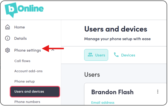 Red arrow pointing toward "Phone Settings" and a red rectangular box surrounds "Users and Devices"
