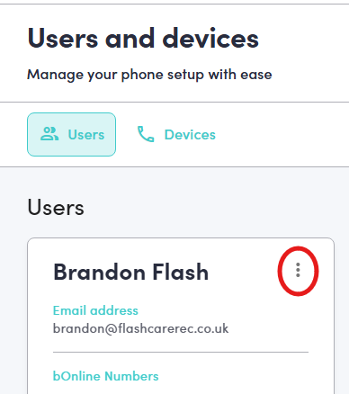 A screenshot of a "Users and devices" management dashboard. Under the "Users" tab, a red circle highlights a vertical three-dot "more options" menu icon on the right side of the user card.