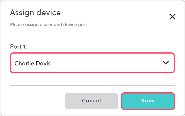 In the Assign device window, a red rectangular box surrounds "Charlie Davis" as well as the "Save" button.