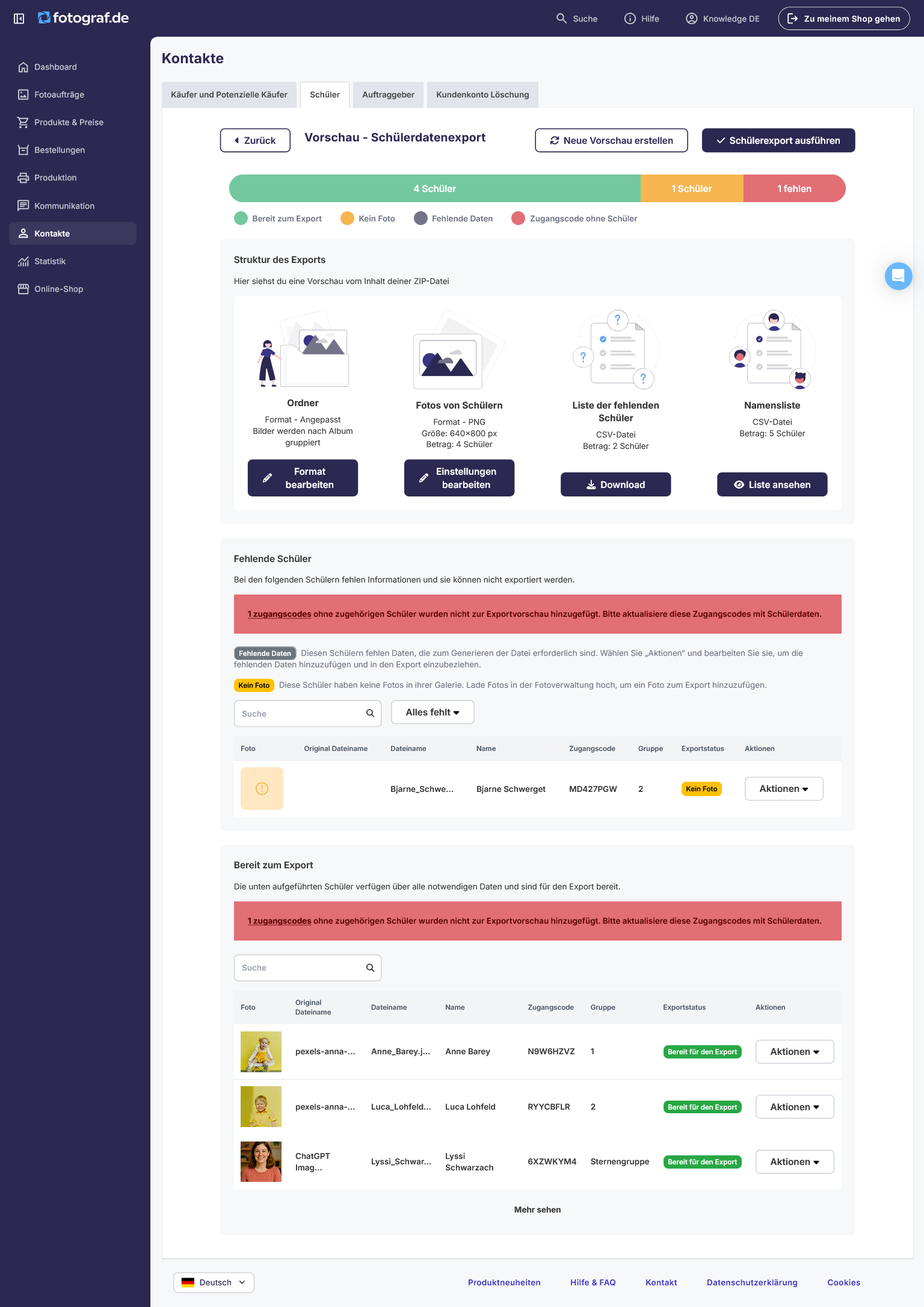Exportvorschau mit Warnfarben