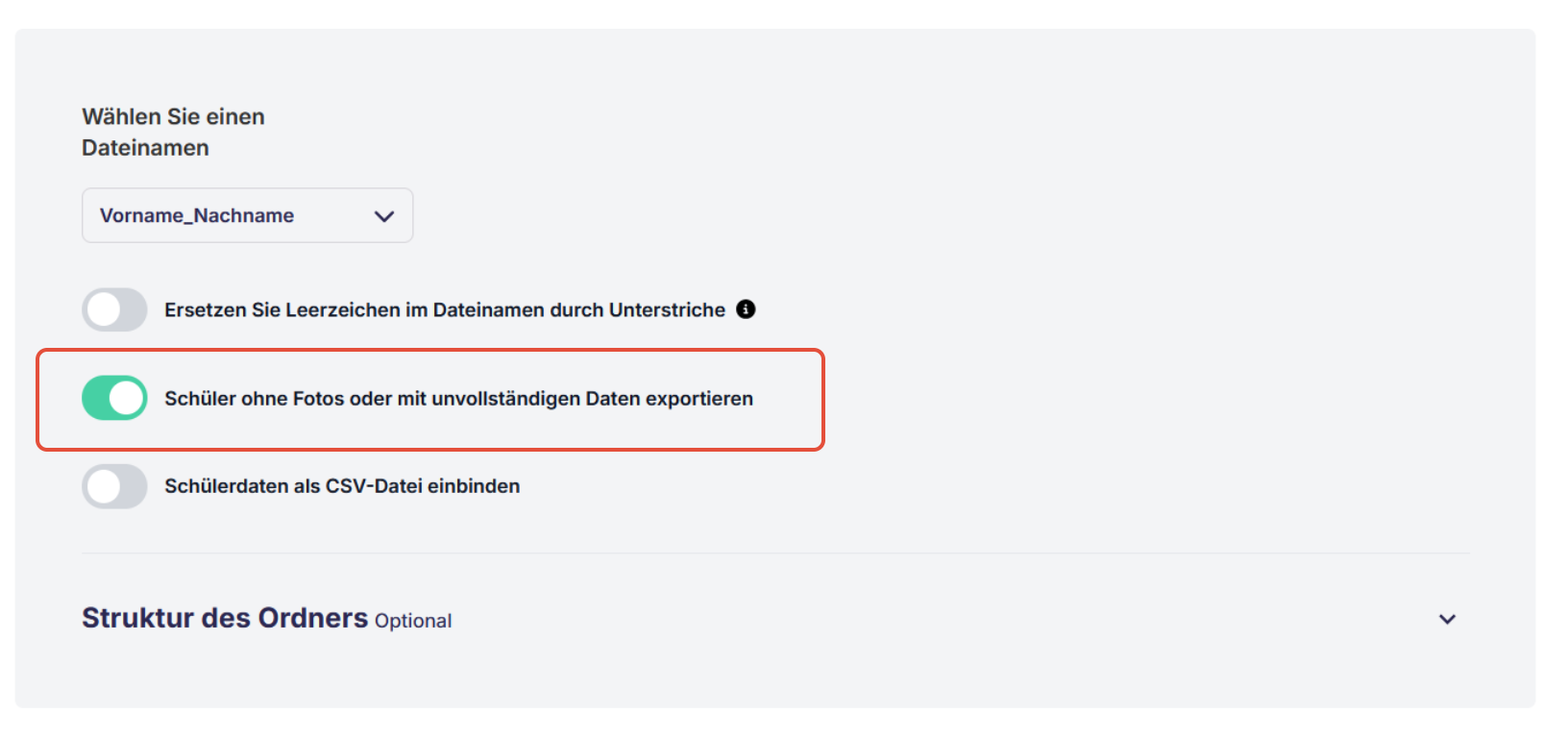 Option Export ohne Fotos