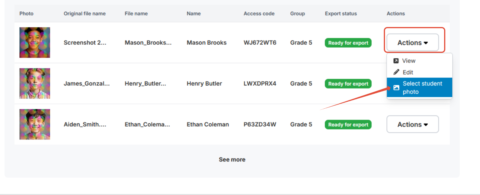 Preview: Select a different student photo for the student data export