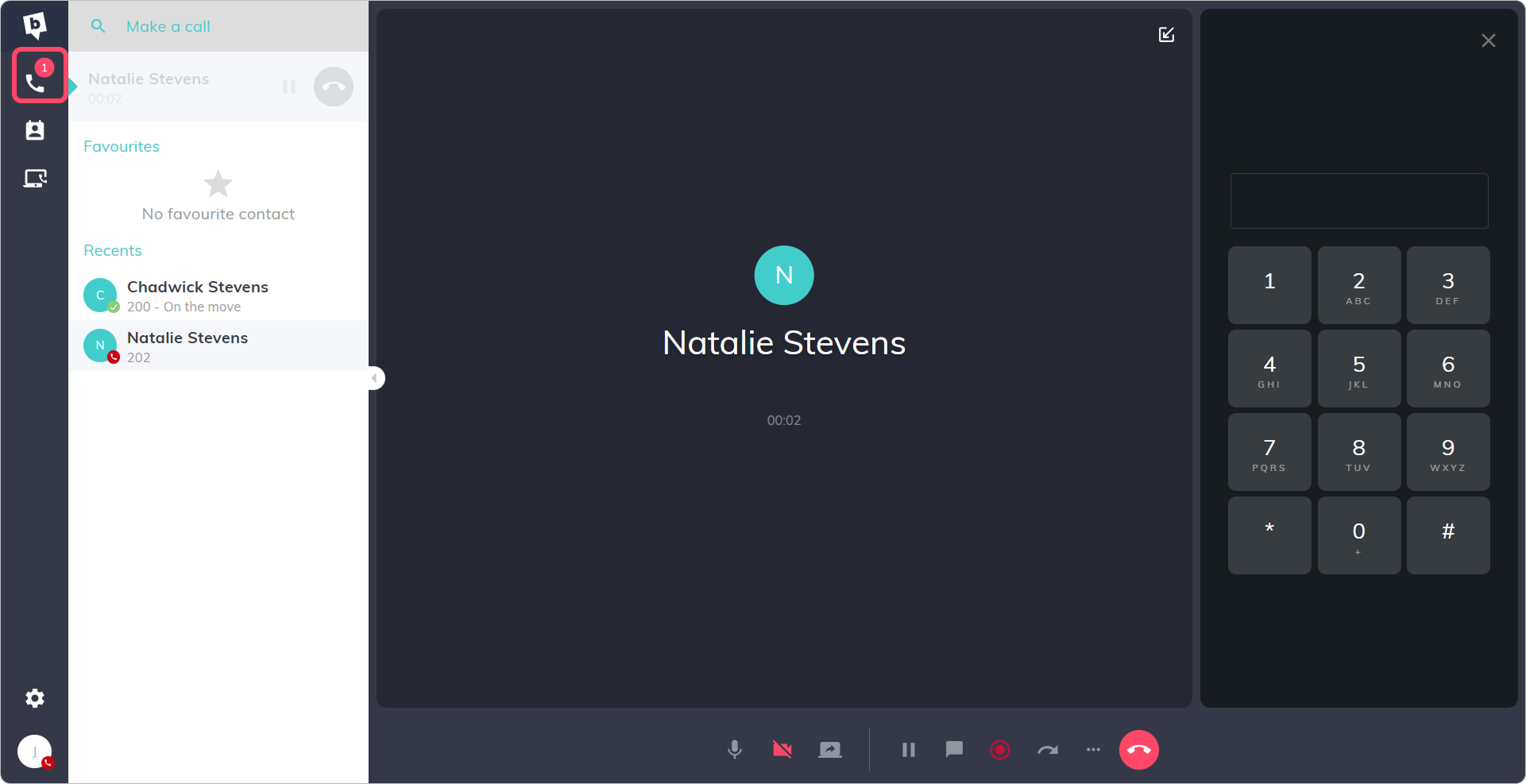 The bOnline desktop app during an active call, showing the Make a call button in the top-left corner of the screen.