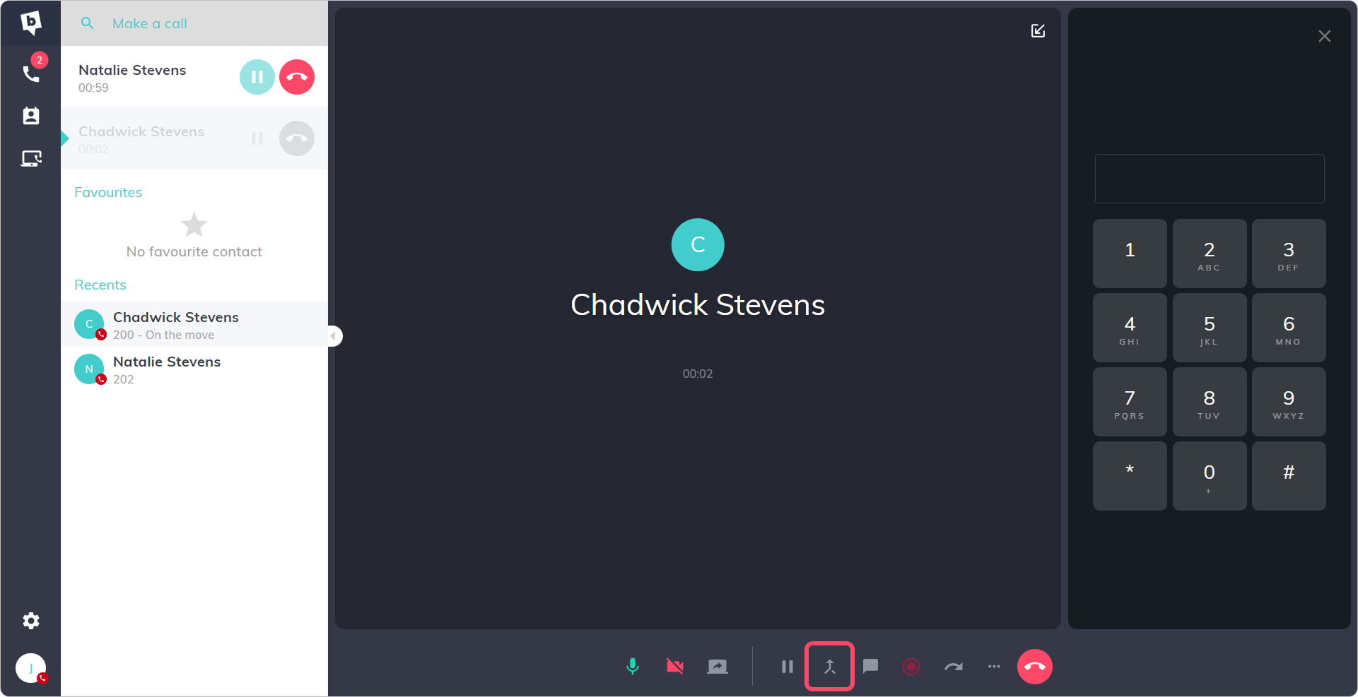 The bOnline desktop app showing two active calls with the Merge button visible at the bottom of the screen.