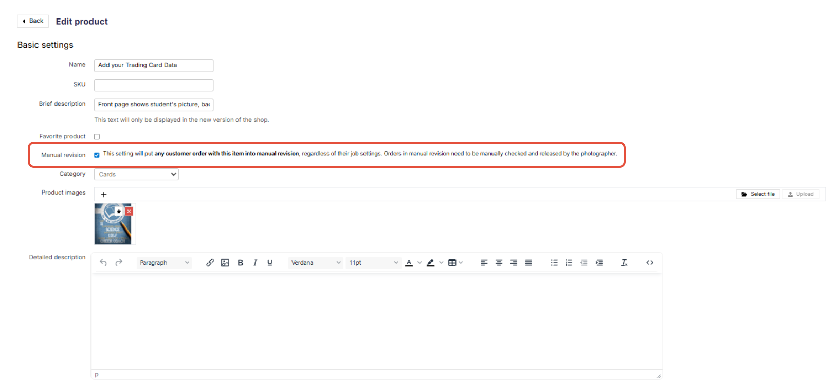 Manual revision option enabled in product settings