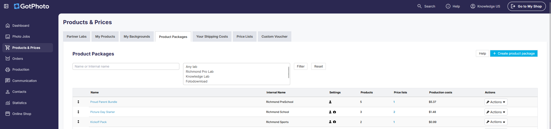 Create product package screen