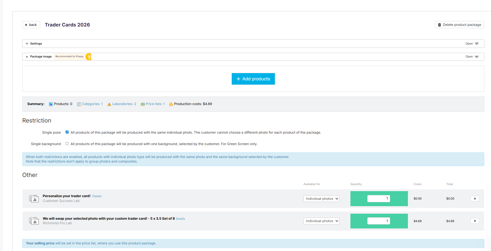 Package setup showing multiple products added